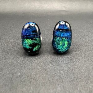 Dichroic Fused Glass Earrings Blue Green Handcrafted Artisan Artsy Studs